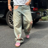 RELAXED FIT EMBROIDERED DENIM - CHERRY BLOSSOM