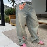 RELAXED FIT EMBROIDERED DENIM - CHERRY BLOSSOM