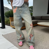 RELAXED FIT EMBROIDERED DENIM - CHERRY BLOSSOM