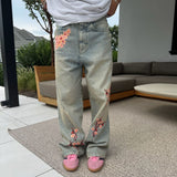 RELAXED FIT EMBROIDERED DENIM - CHERRY BLOSSOM